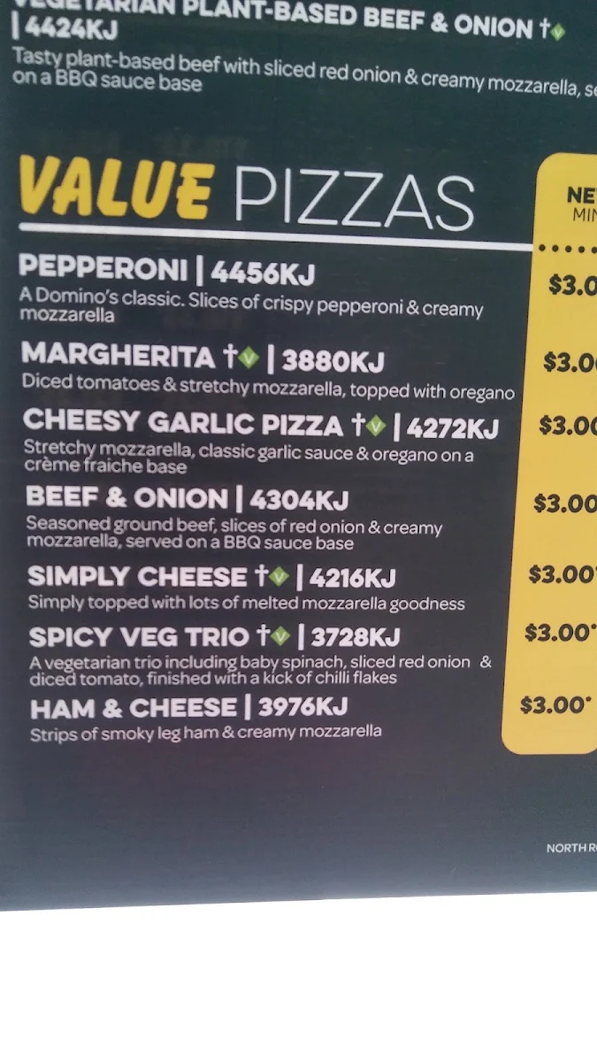 Menu, Domino's Pizza North Rockhampton