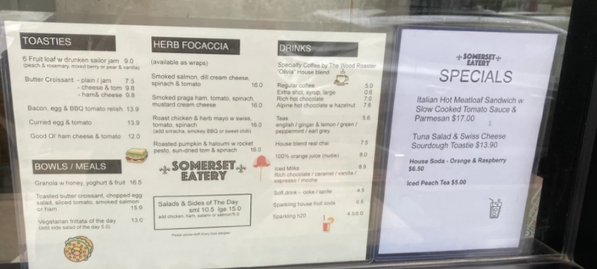 Menu, Somerset Eatery
