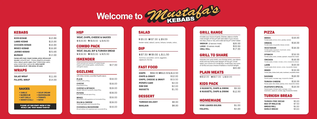 Menu, Mustafa’s Kebabs Pako