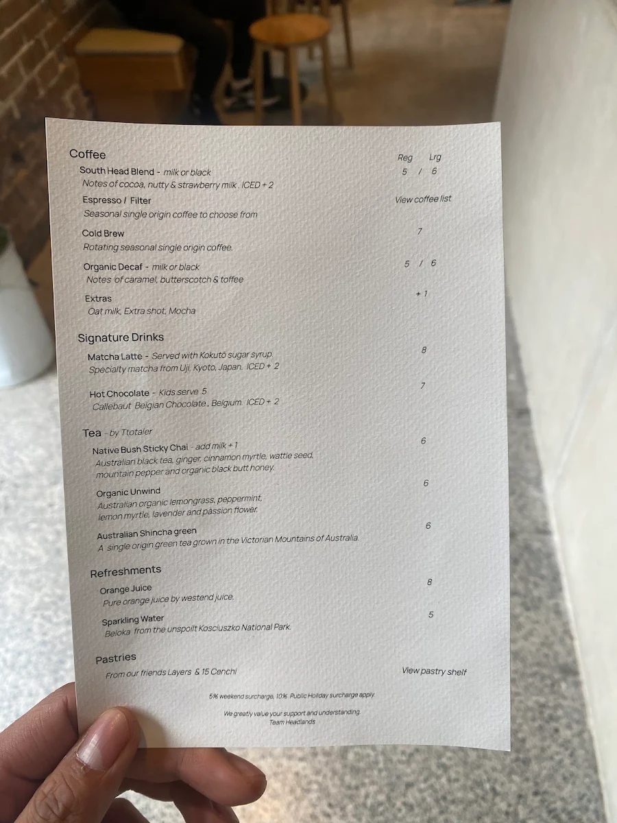 Menu, Headlands Coffee