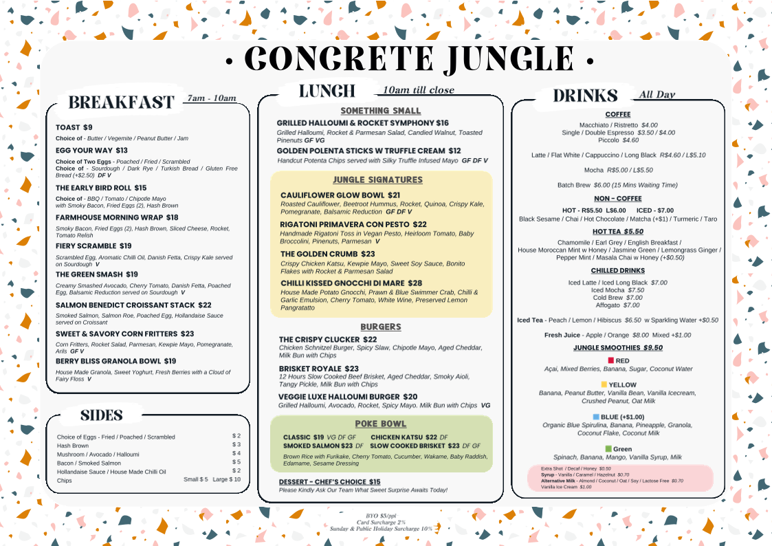 Menu, Concrete Jungle Cafe