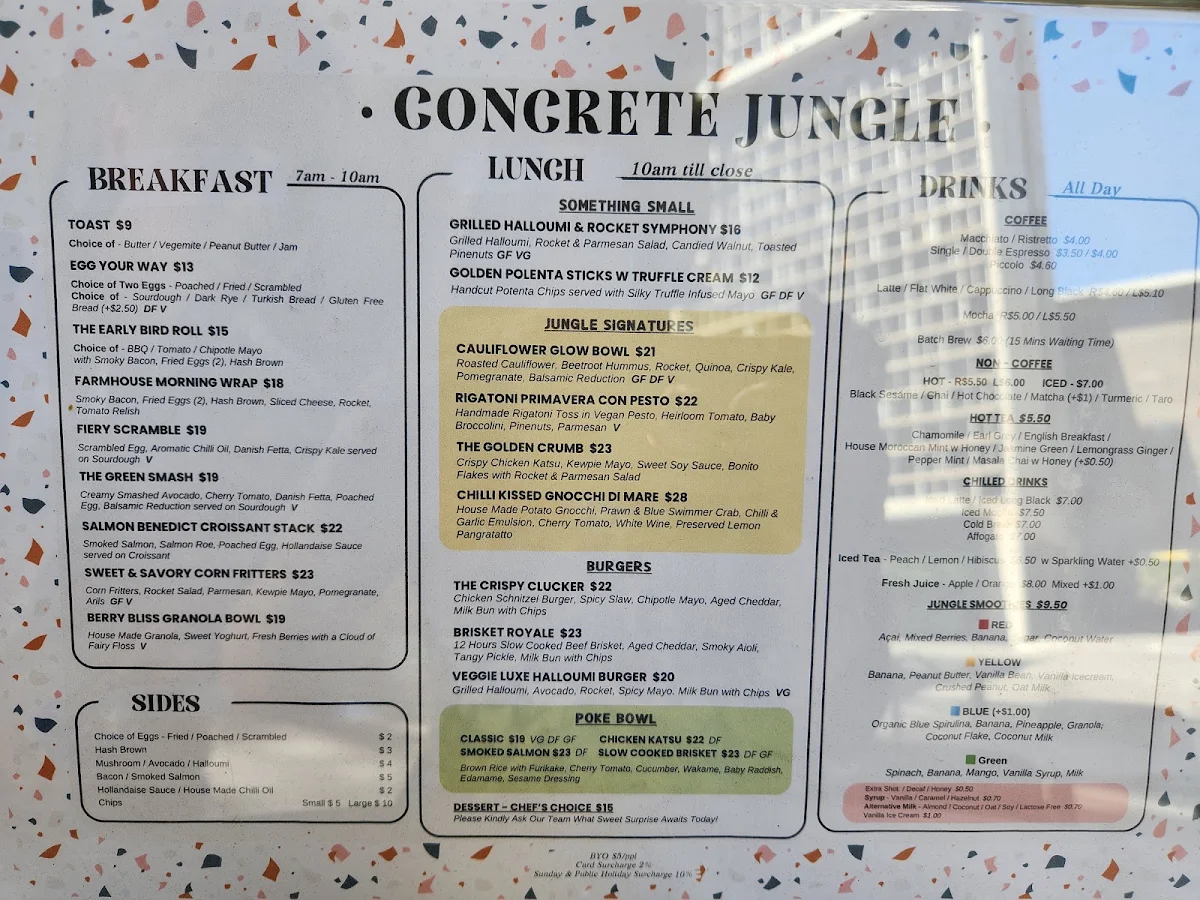 Menu, Concrete Jungle Cafe