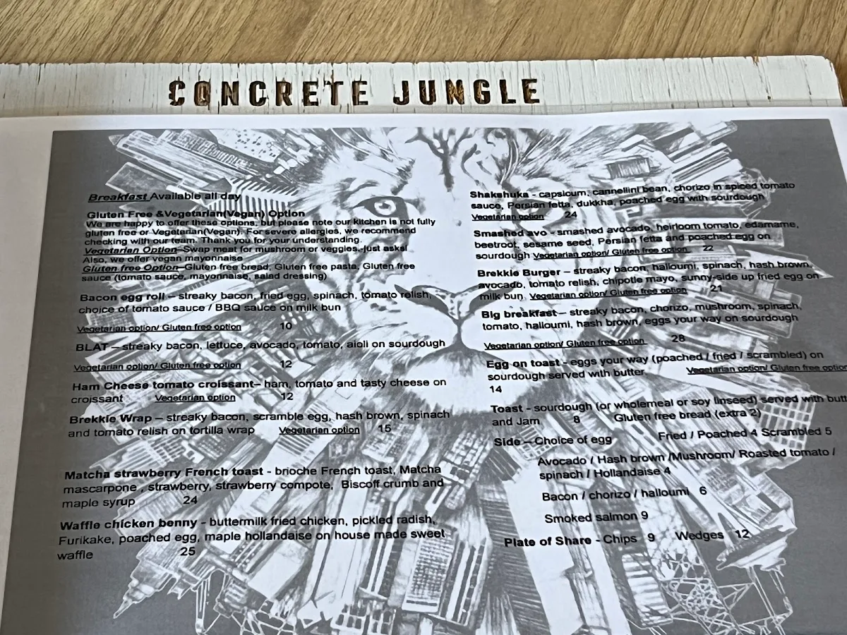 Menu, Concrete Jungle Cafe