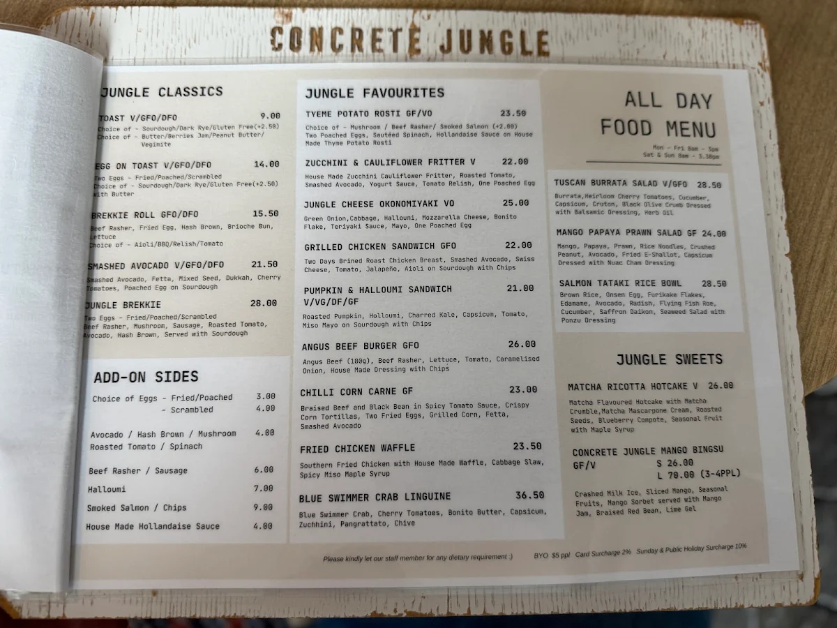 Menu, Concrete Jungle Cafe