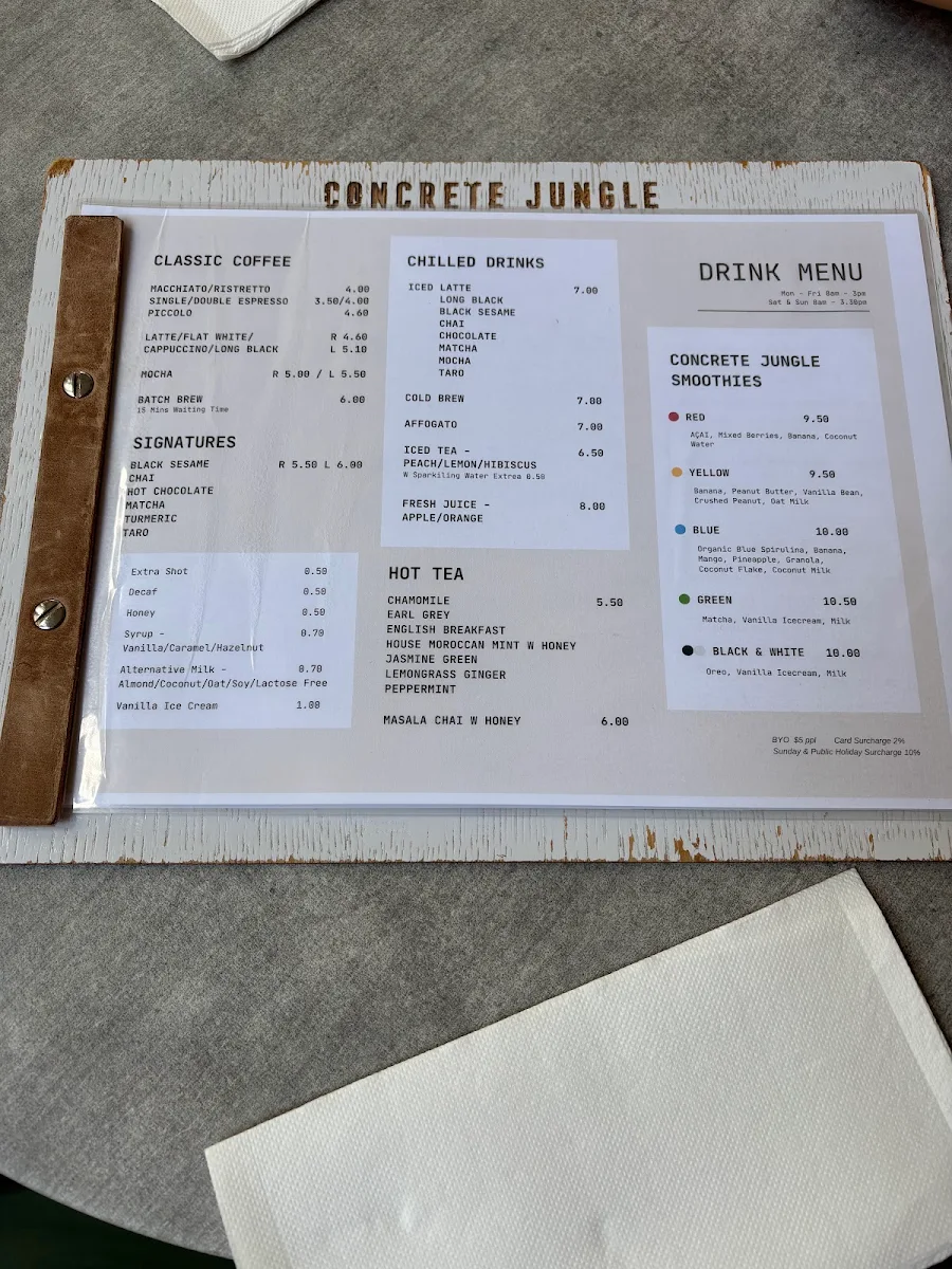 Menu, Concrete Jungle Cafe