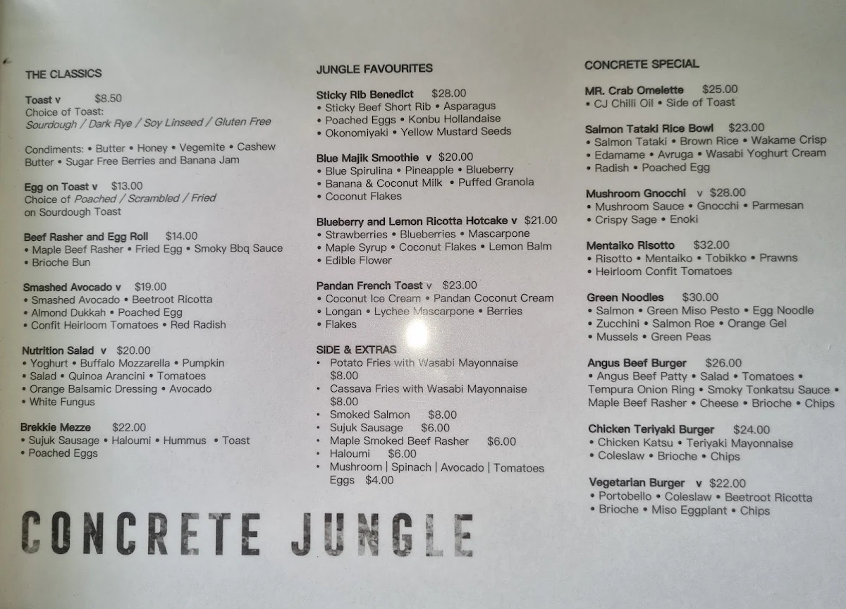 Menu, Concrete Jungle Cafe