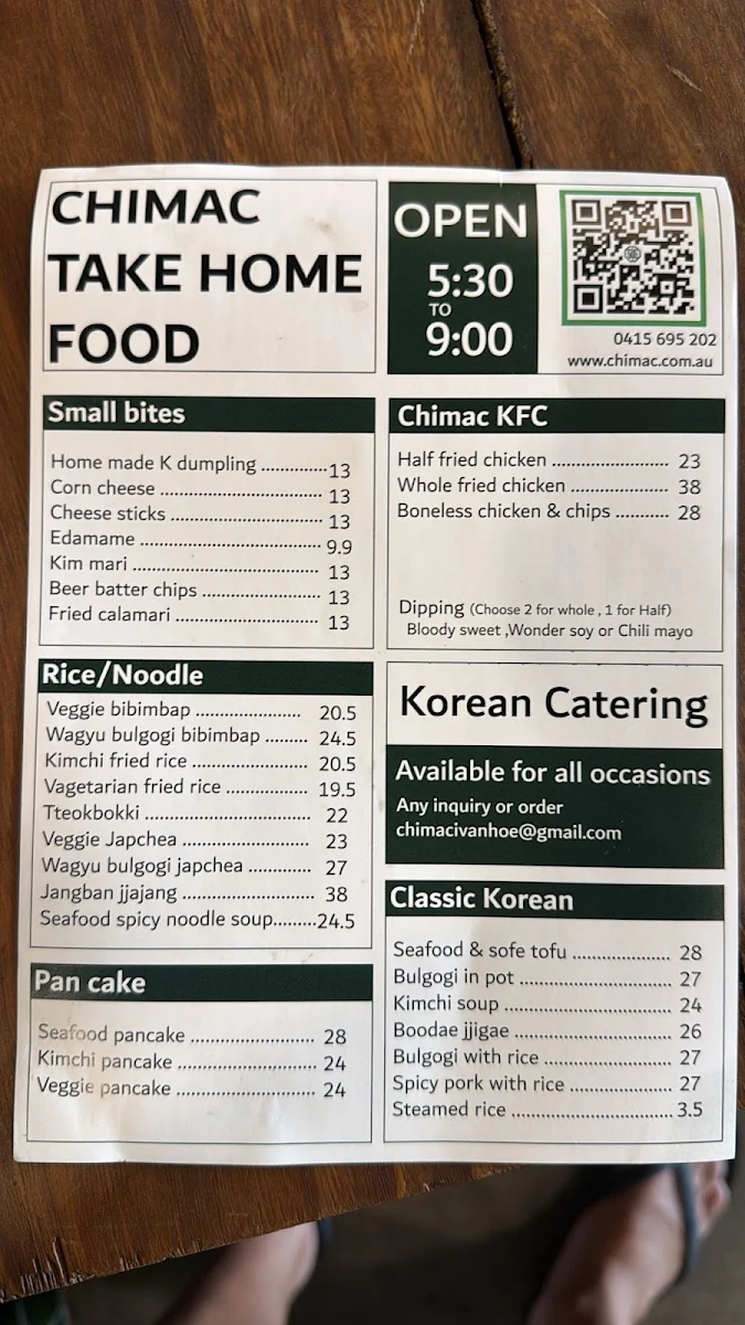 Menu, Chimac the Korean bistro
