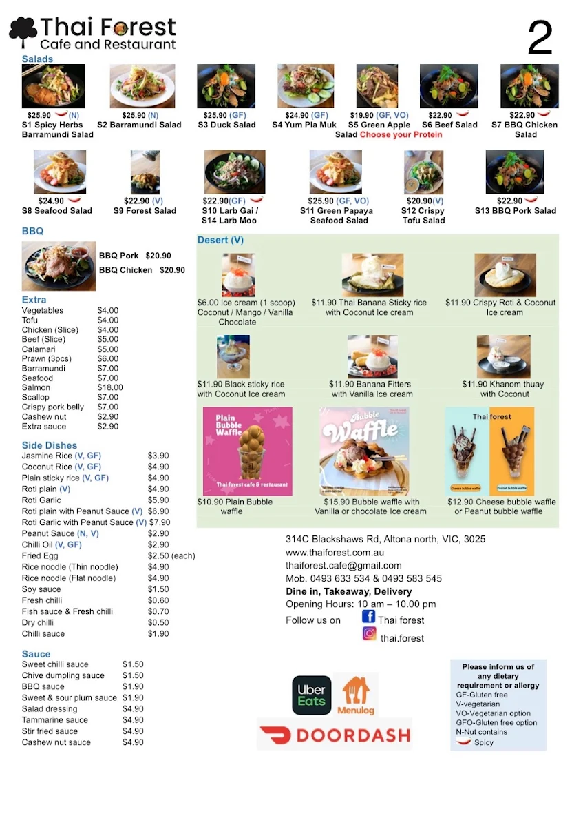 Menu, Thai Forest Cafe and Restaurant