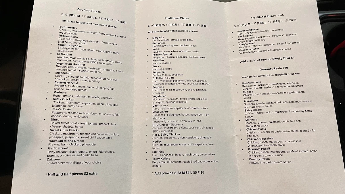 Menu, Bonno's Pizzeria