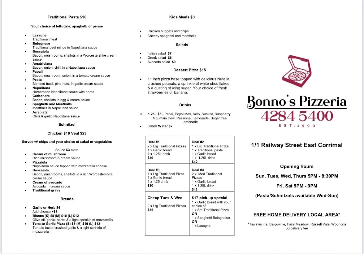 Menu, Bonno's Pizzeria