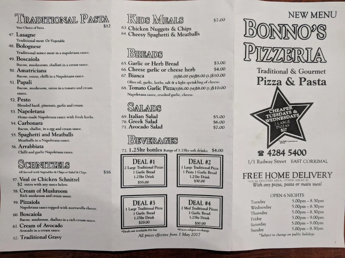 Menu, Bonno's Pizzeria