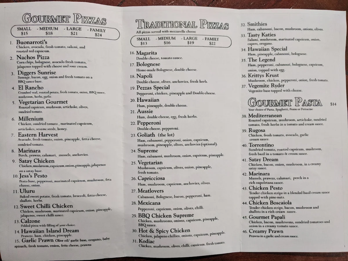 Menu, Bonno's Pizzeria