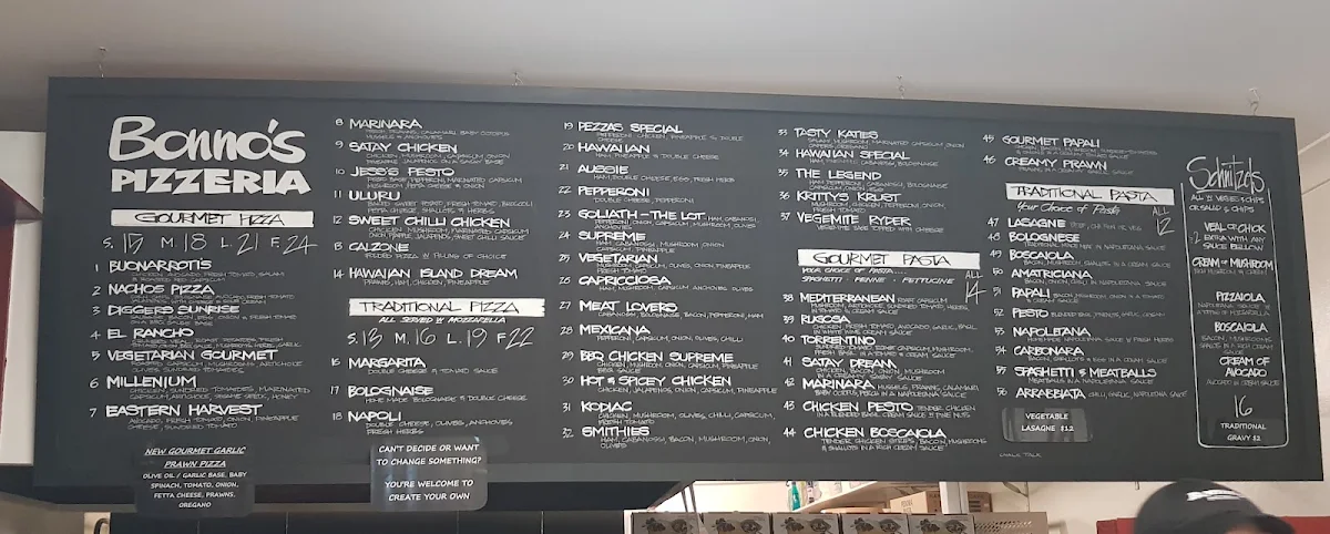Menu, Bonno's Pizzeria