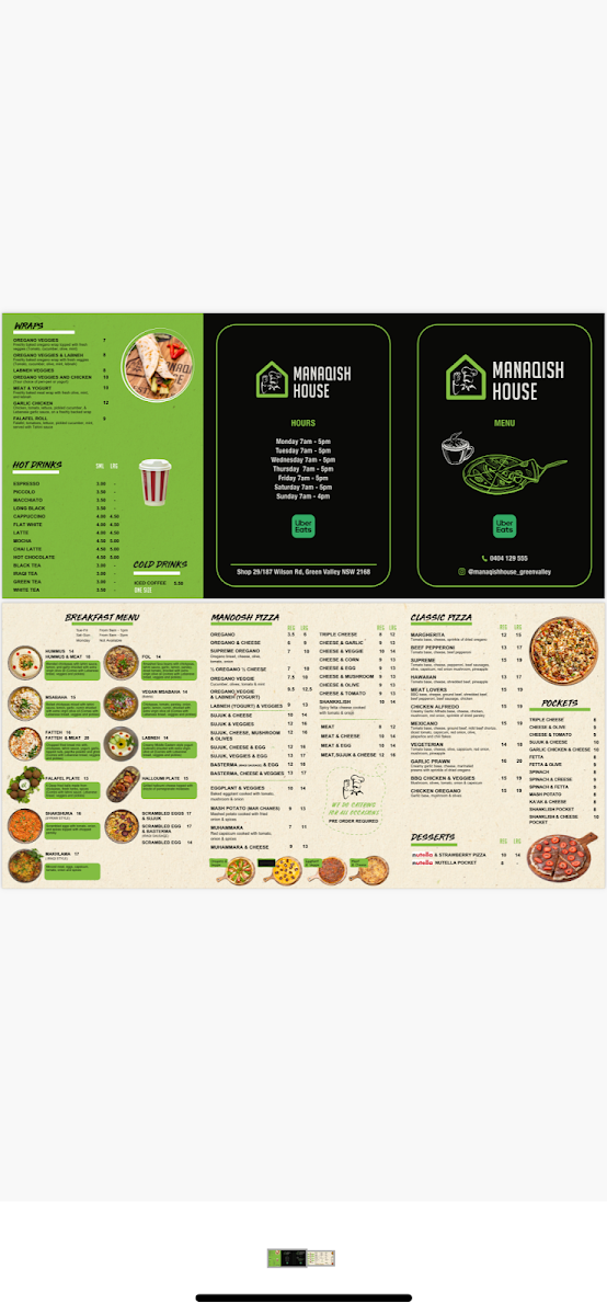 Menu, Manaqish House