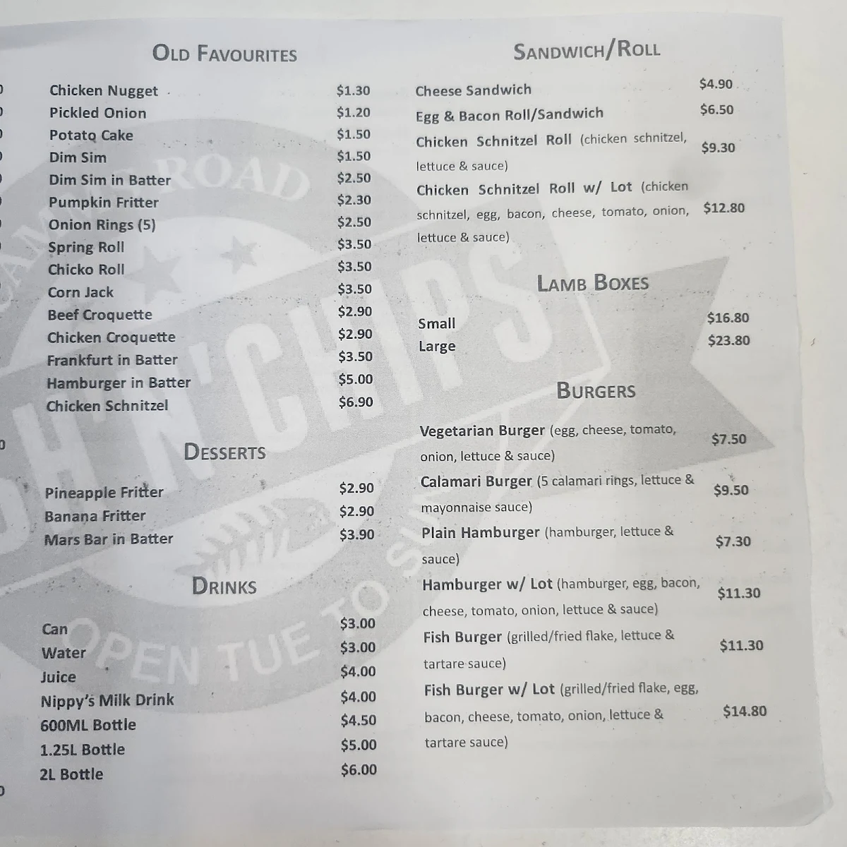 Menu, Camms Rd Fish & Chips