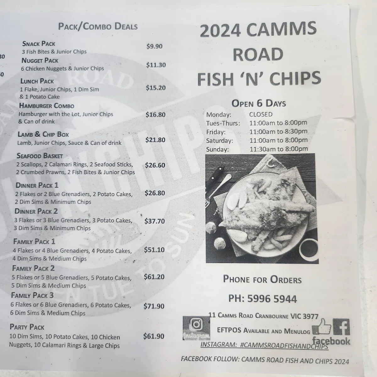 Menu, Camms Rd Fish & Chips