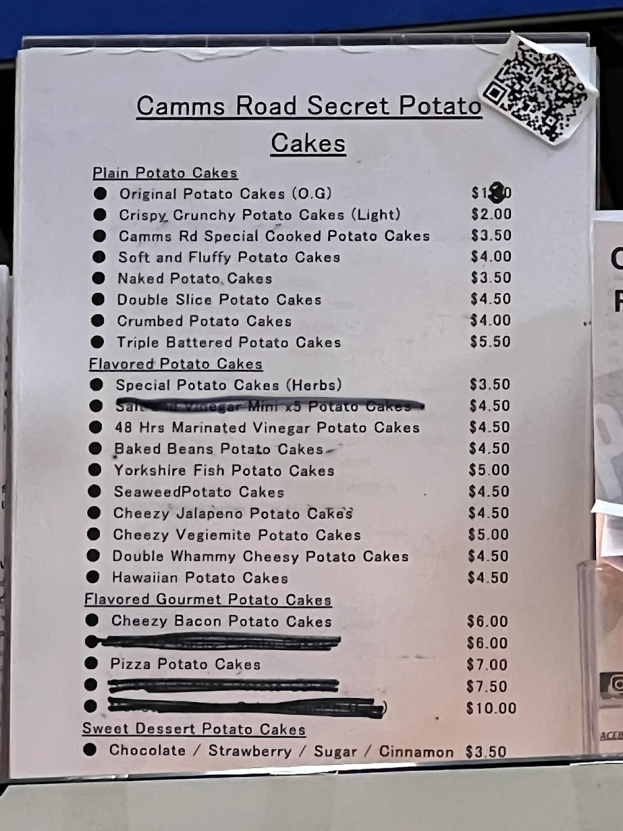 Menu, Camms Rd Fish & Chips