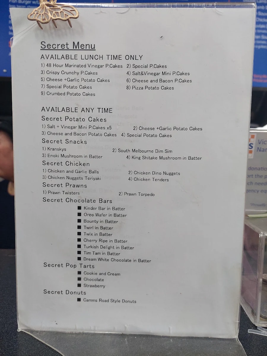 Menu, Camms Rd Fish & Chips