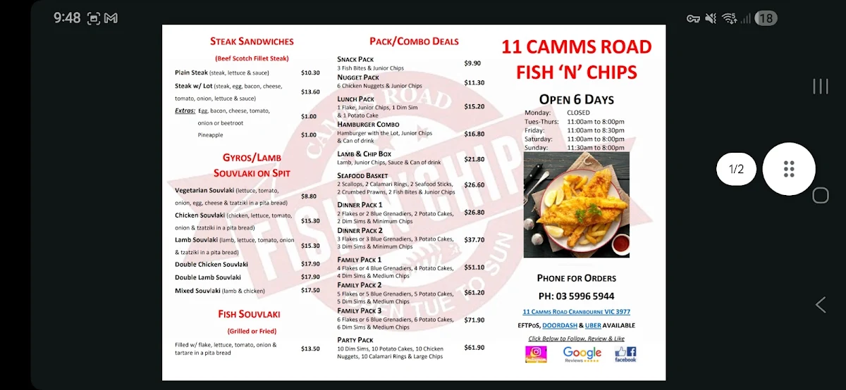 Menu, Camms Rd Fish & Chips