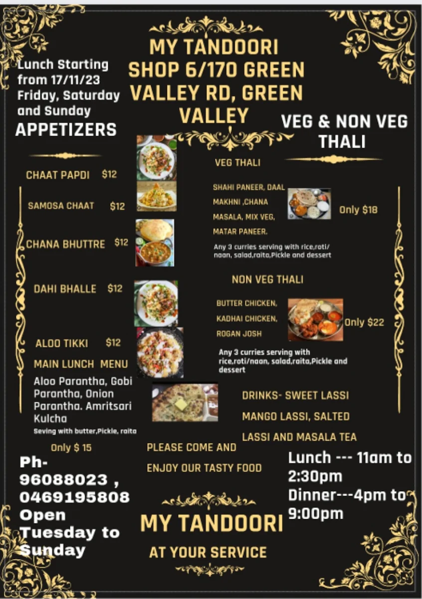 Menu, My Tandoori Indian Restaurant