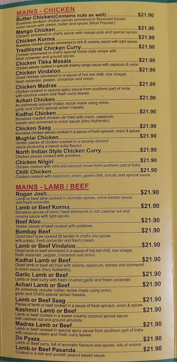 Menu, My Tandoori Indian Restaurant
