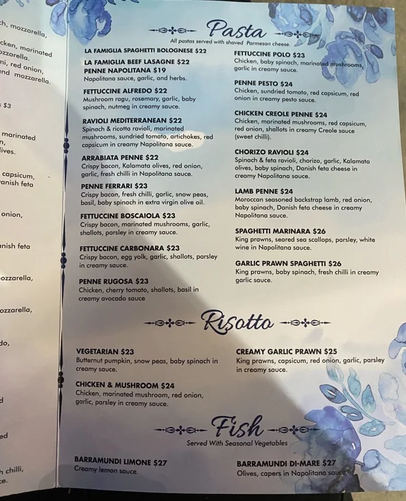 Menu, La Famiglia Pizzeria