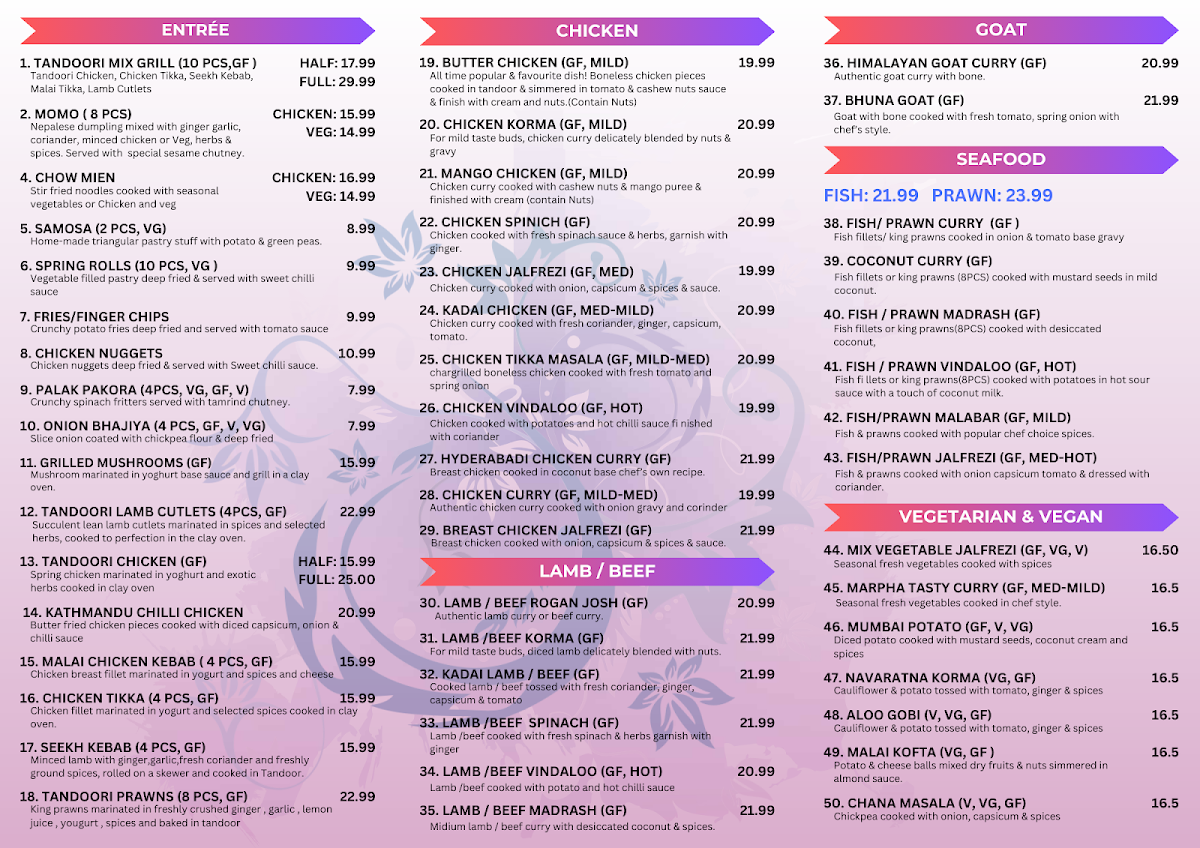 Menu, Marpha Indian & Nepali Restaurant