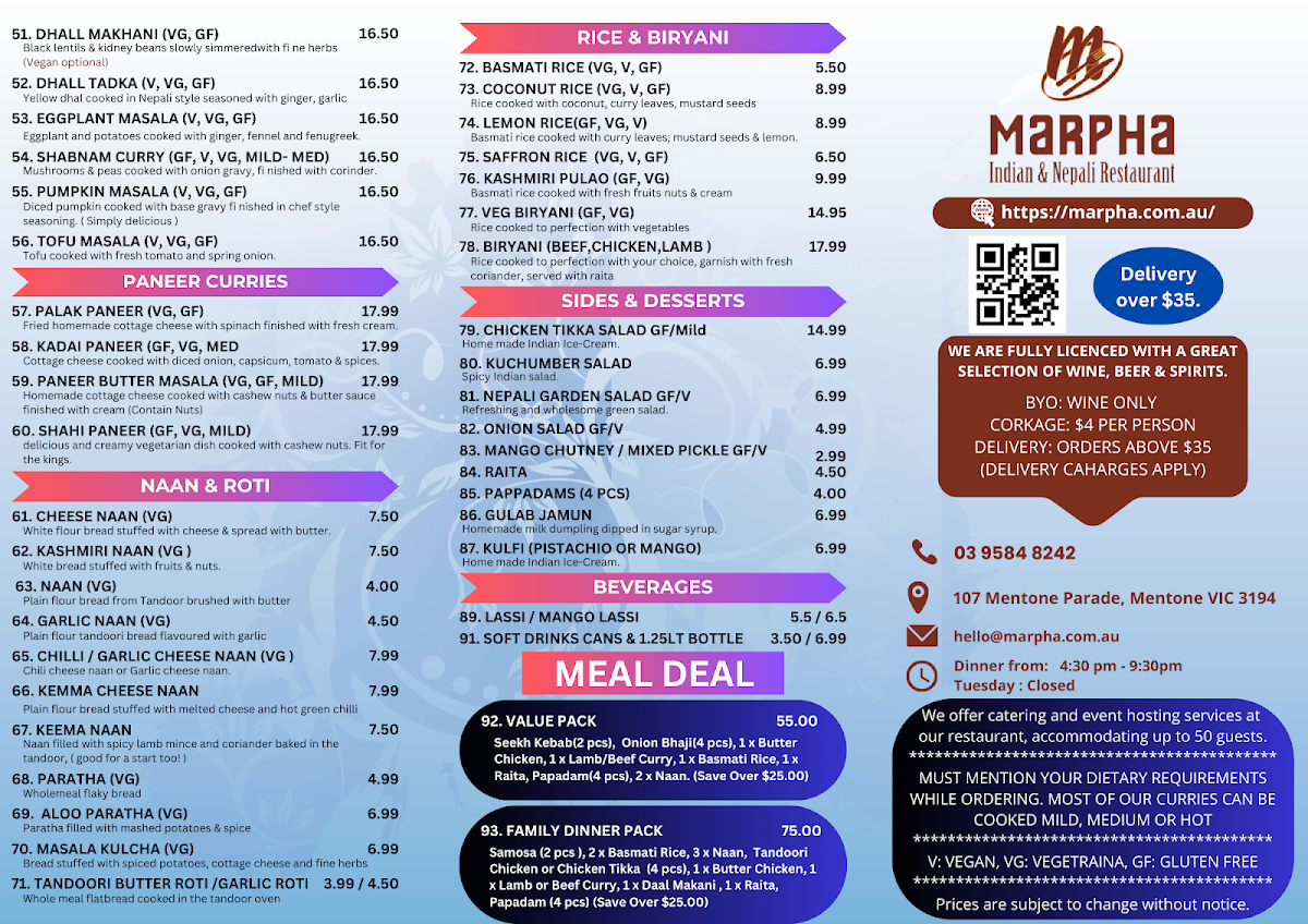 Menu, Marpha Indian & Nepali Restaurant