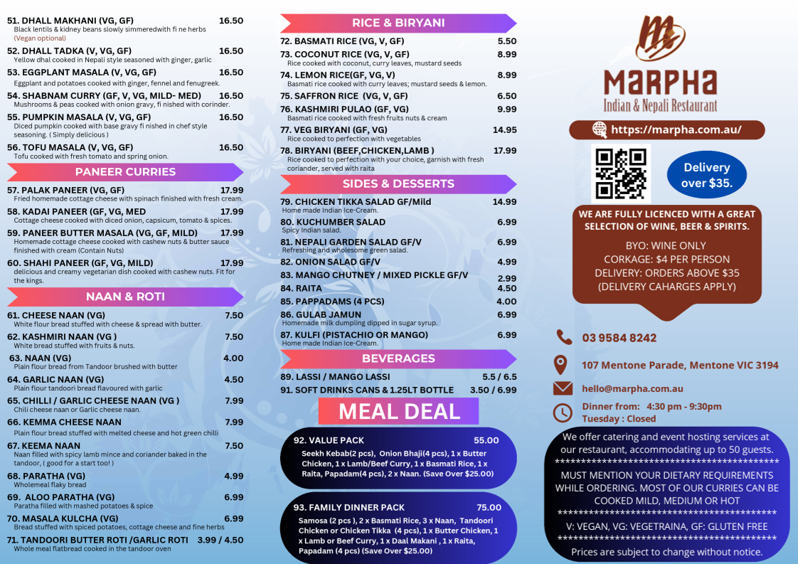 Menu, Marpha Indian & Nepali Restaurant