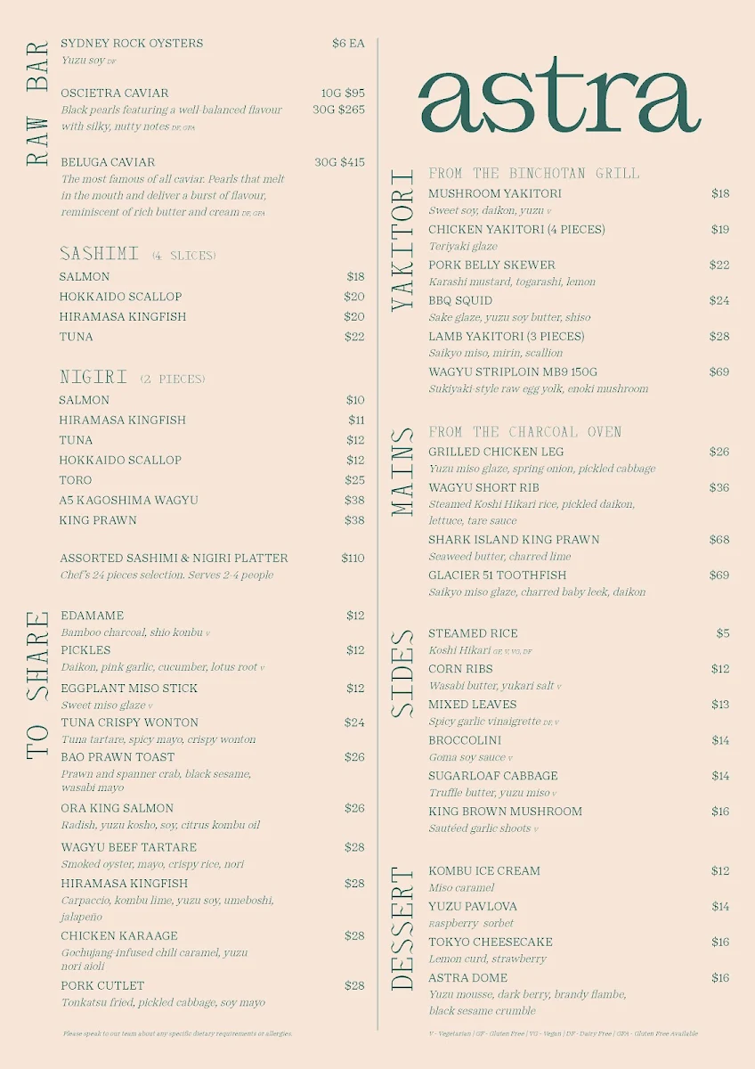 Menu, Astra Rooftop Bar