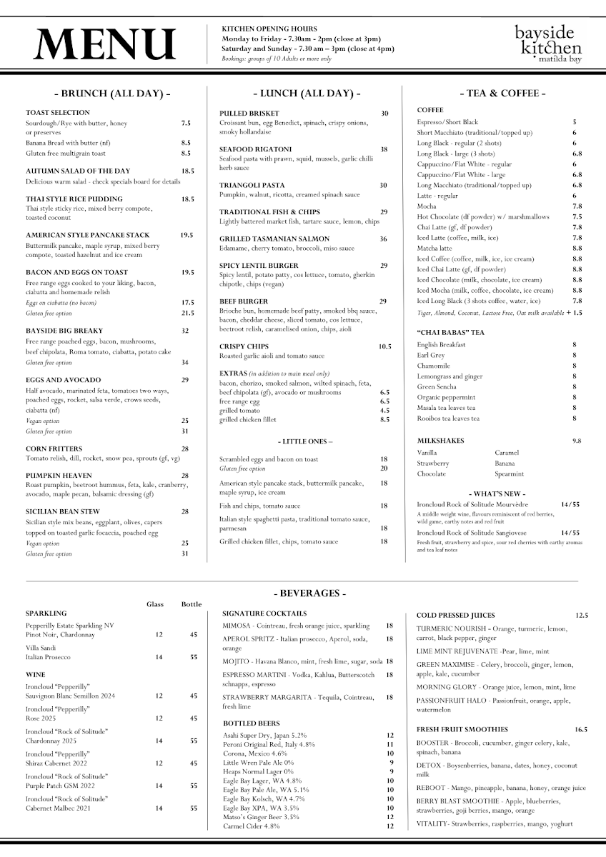 Menu, Bayside Kitchen