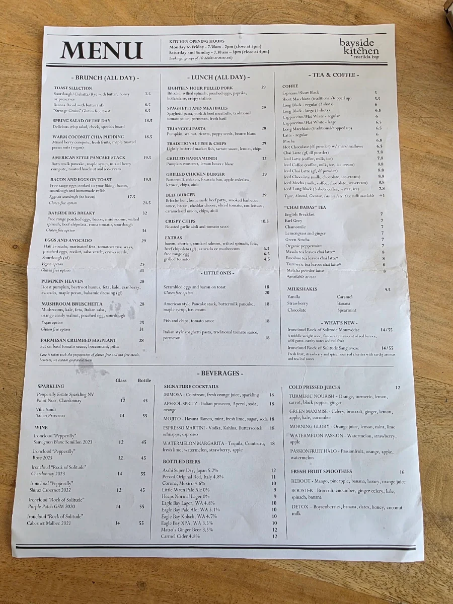 Menu, Bayside Kitchen