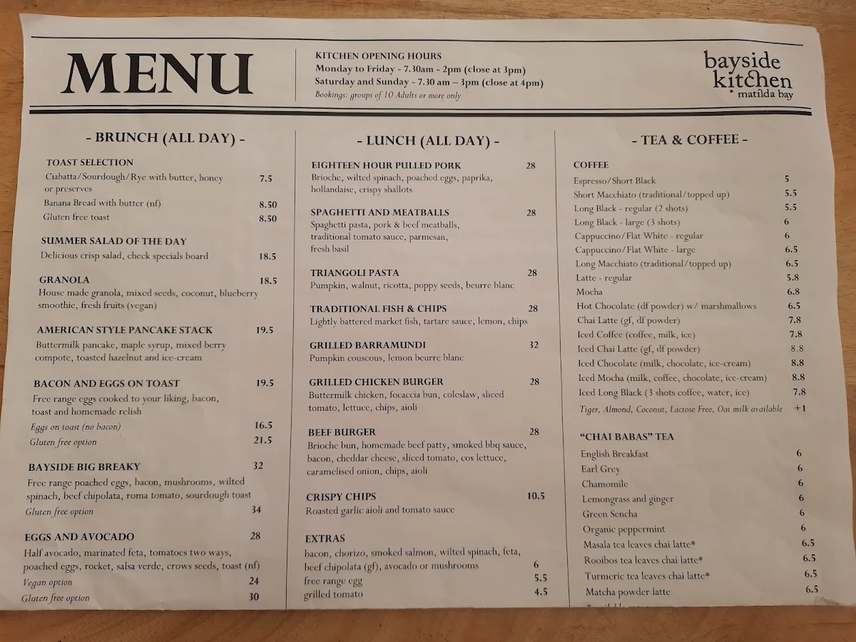 Menu, Bayside Kitchen