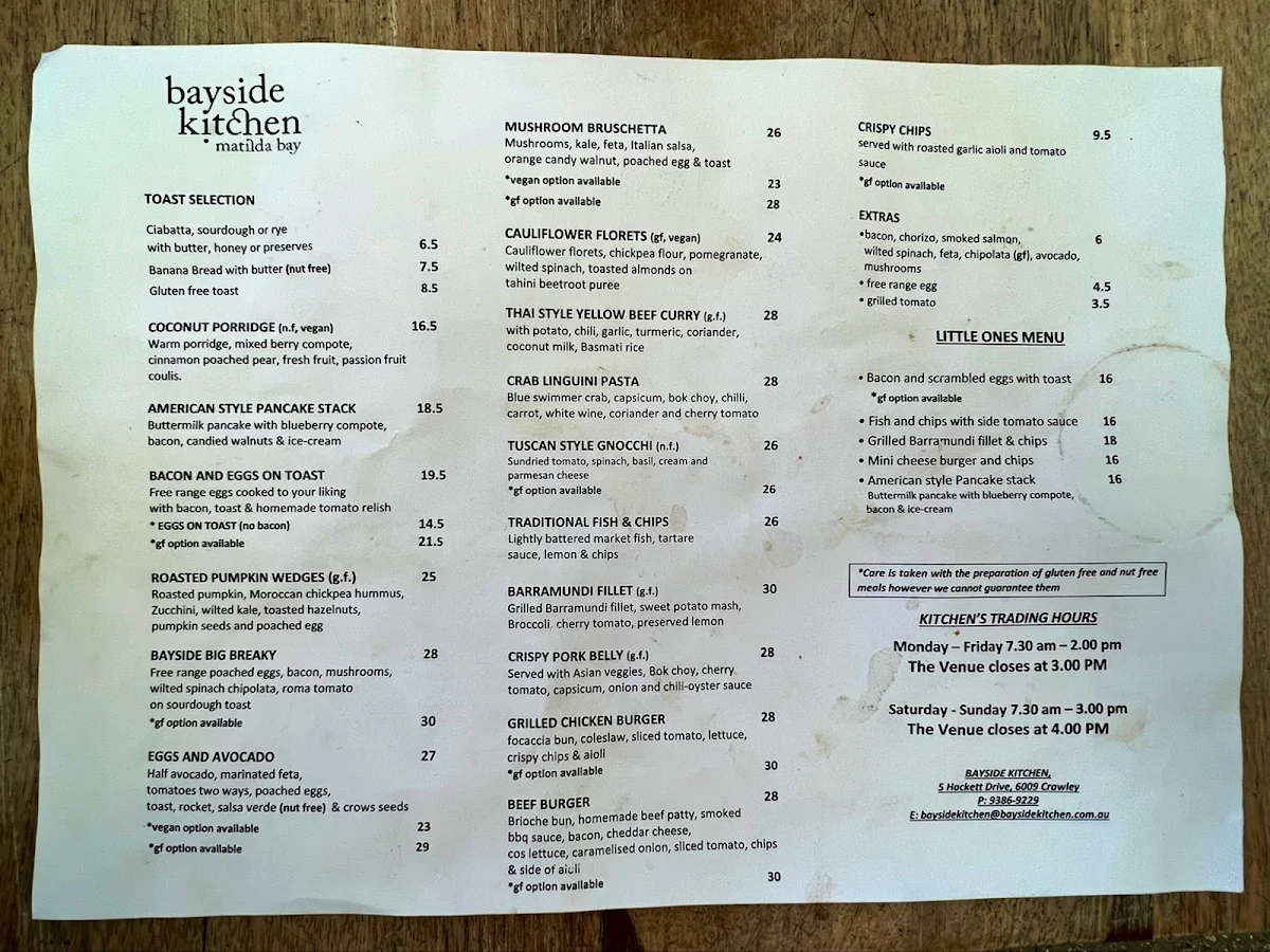 Menu, Bayside Kitchen