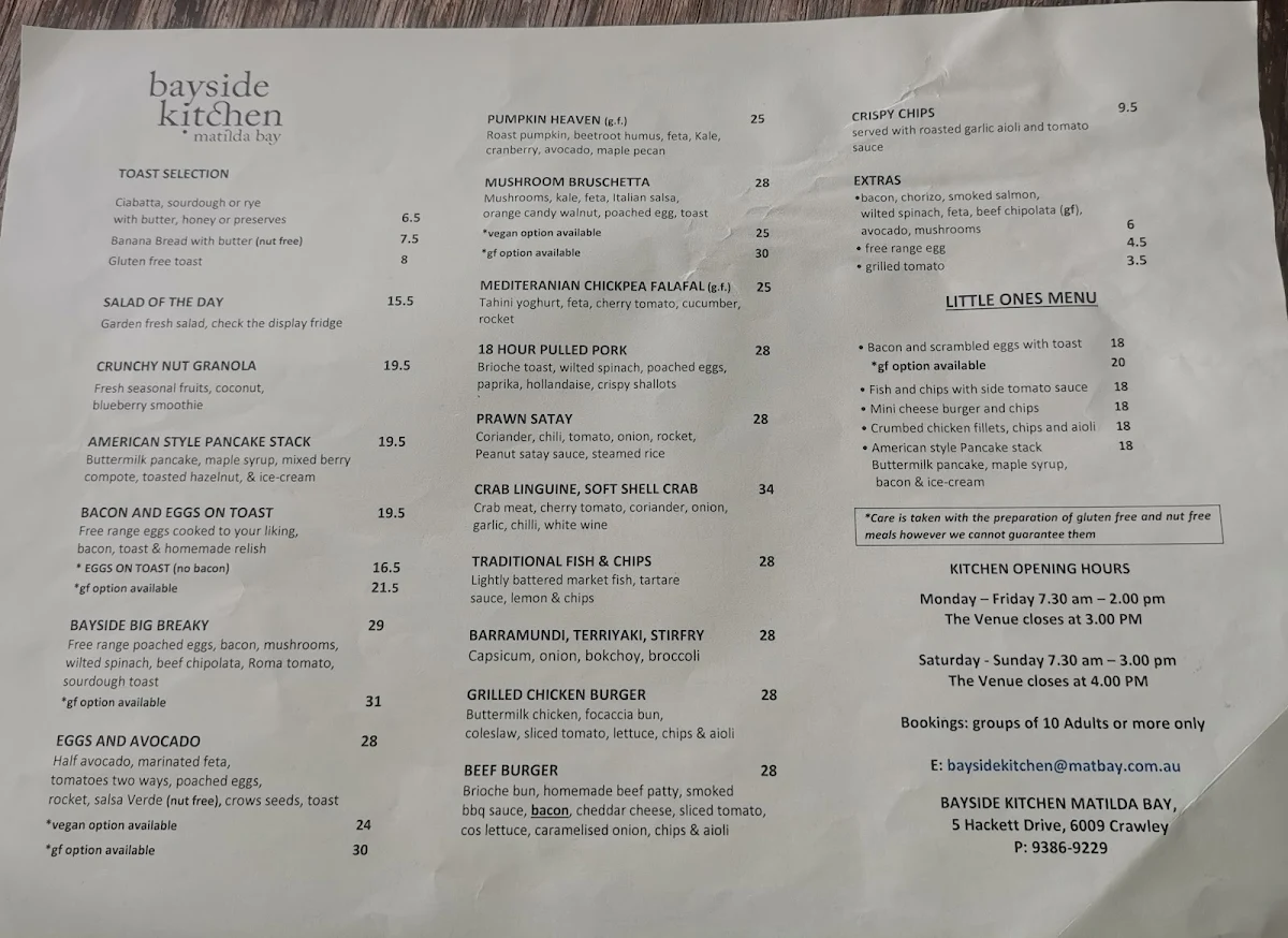 Menu, Bayside Kitchen