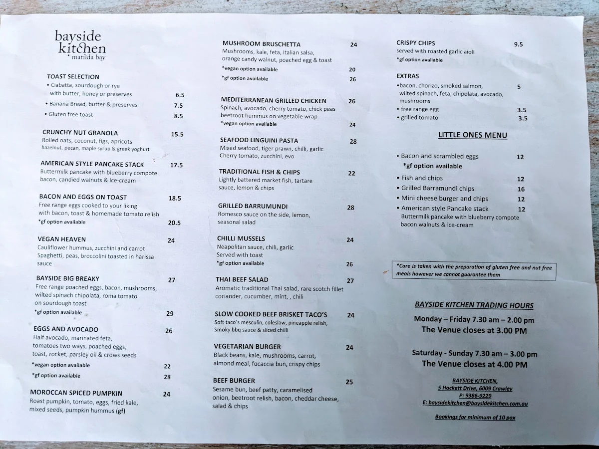Menu, Bayside Kitchen