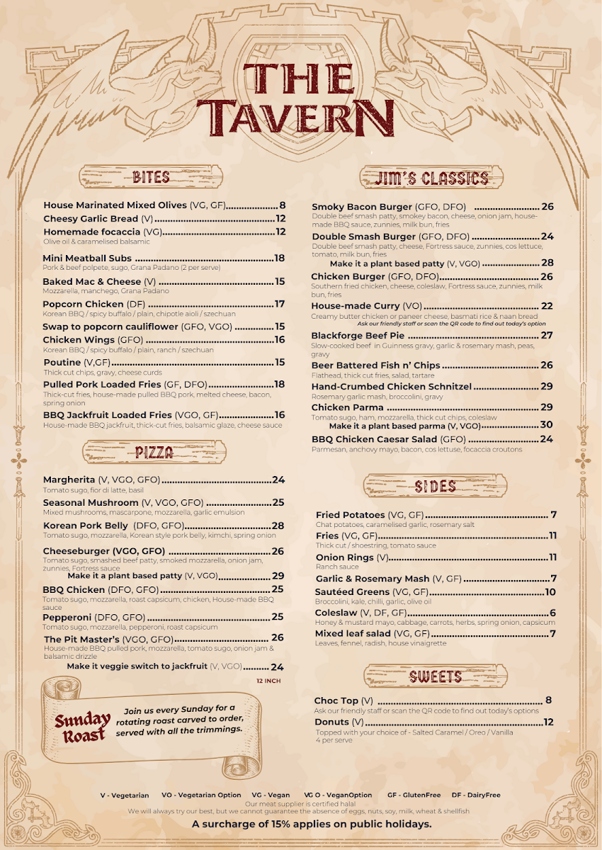 Menu, Fortress Sydney