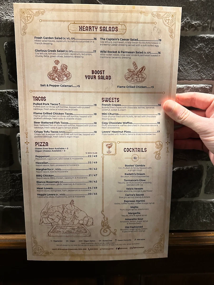Menu, Fortress Sydney