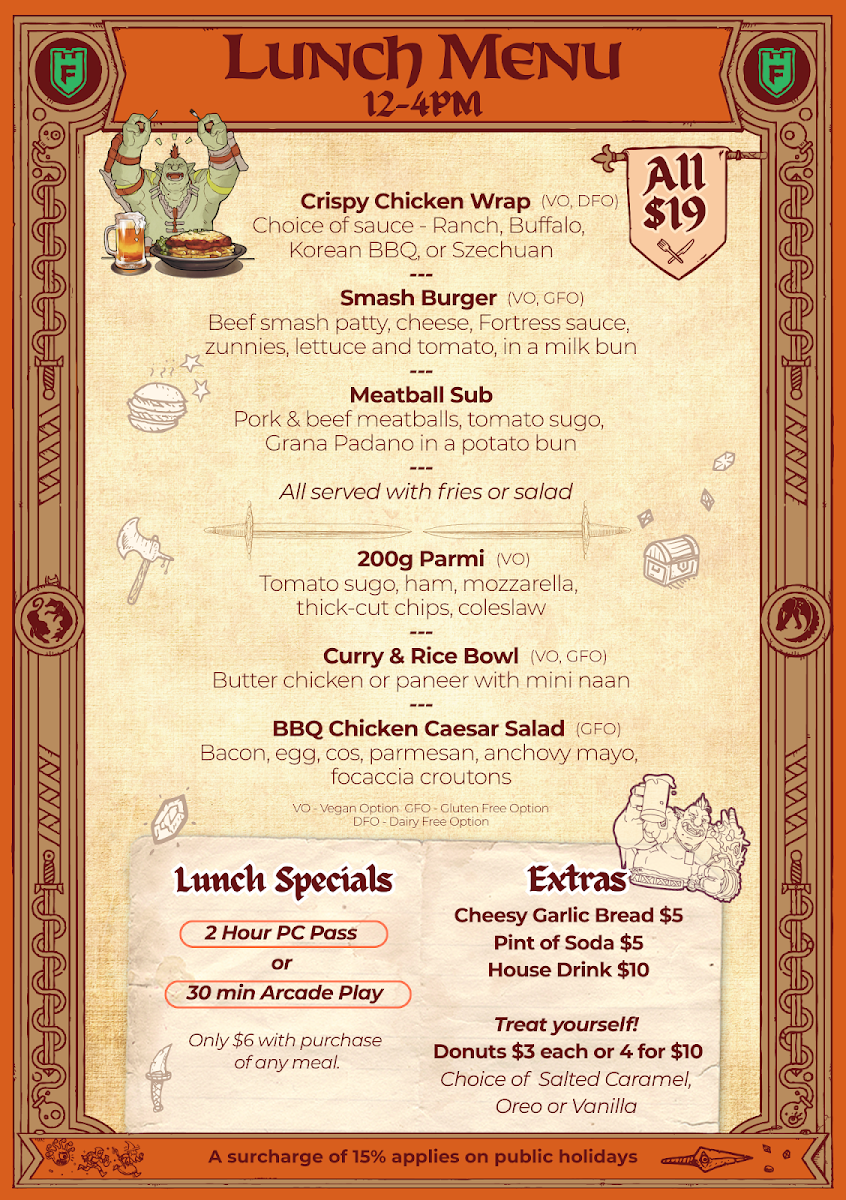 Menu, Fortress Sydney