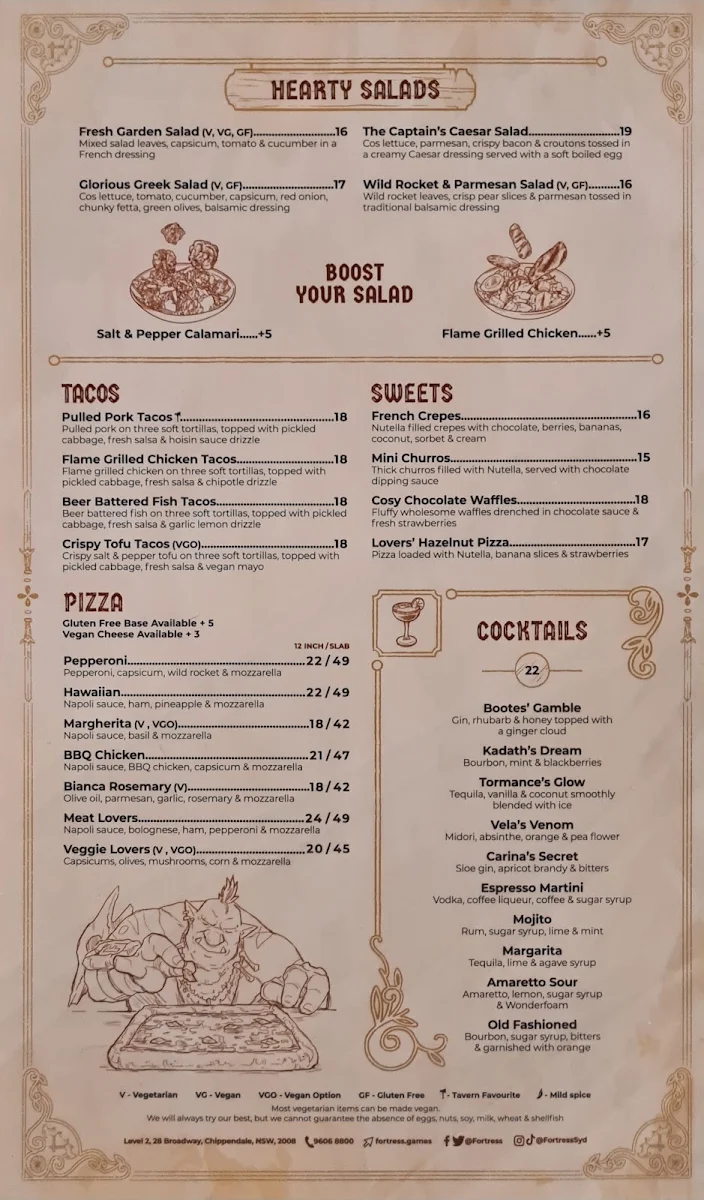 Menu, Fortress Sydney