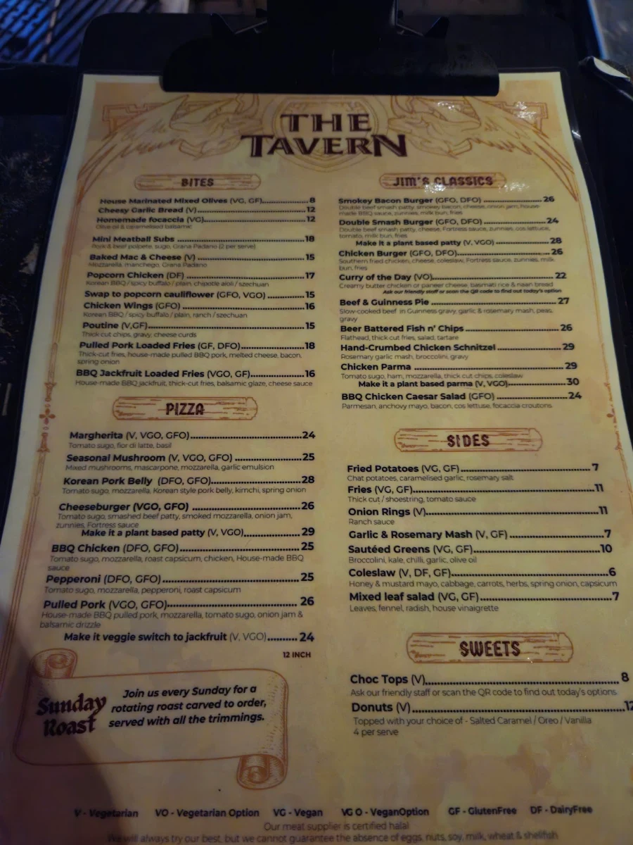 Menu, Fortress Sydney
