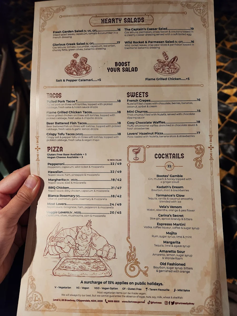Menu, Fortress Sydney