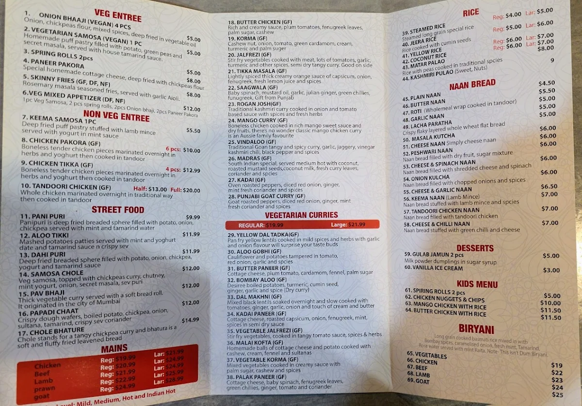 Menu, Curry Kraft Indian Restaura