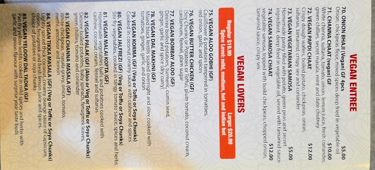 Menu, Curry Kraft Indian Restaura