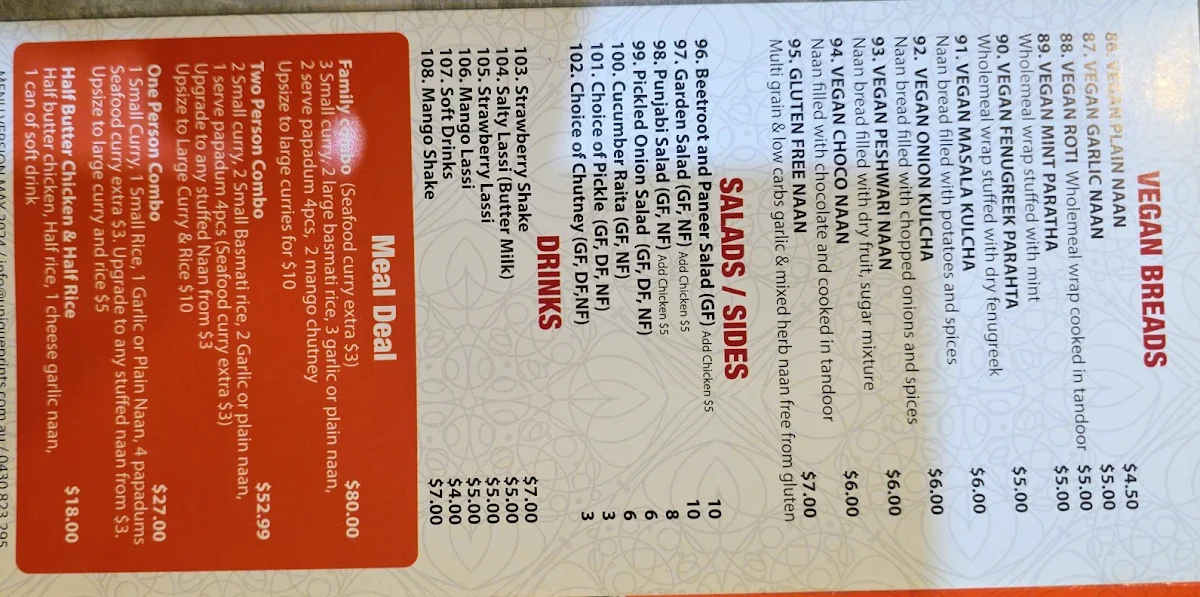 Menu, Curry Kraft Indian Restaura
