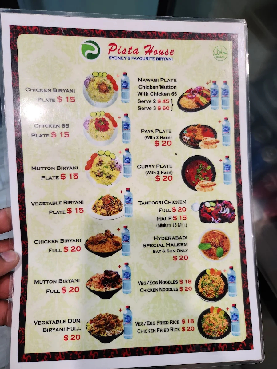 Menu, Pista House Harris Park