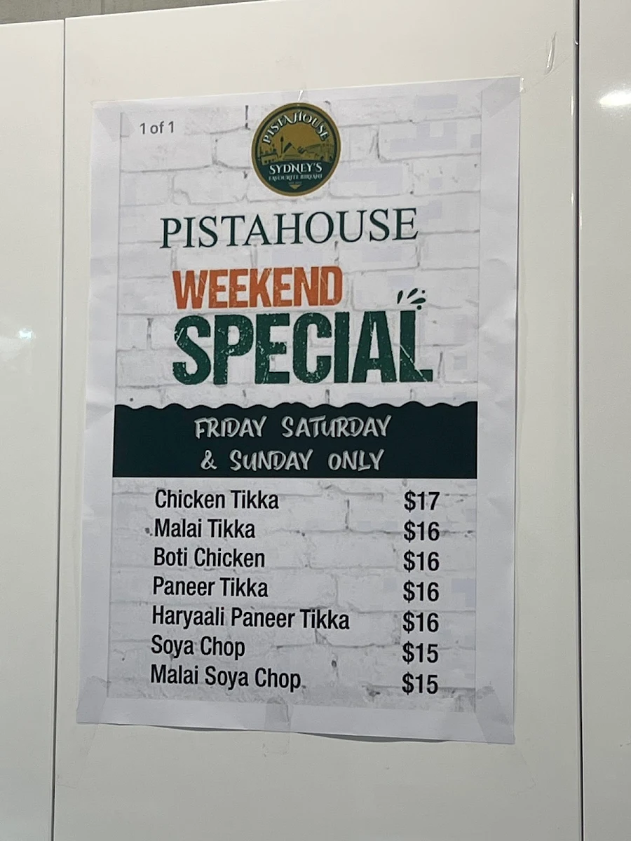 Menu, Pista House Harris Park