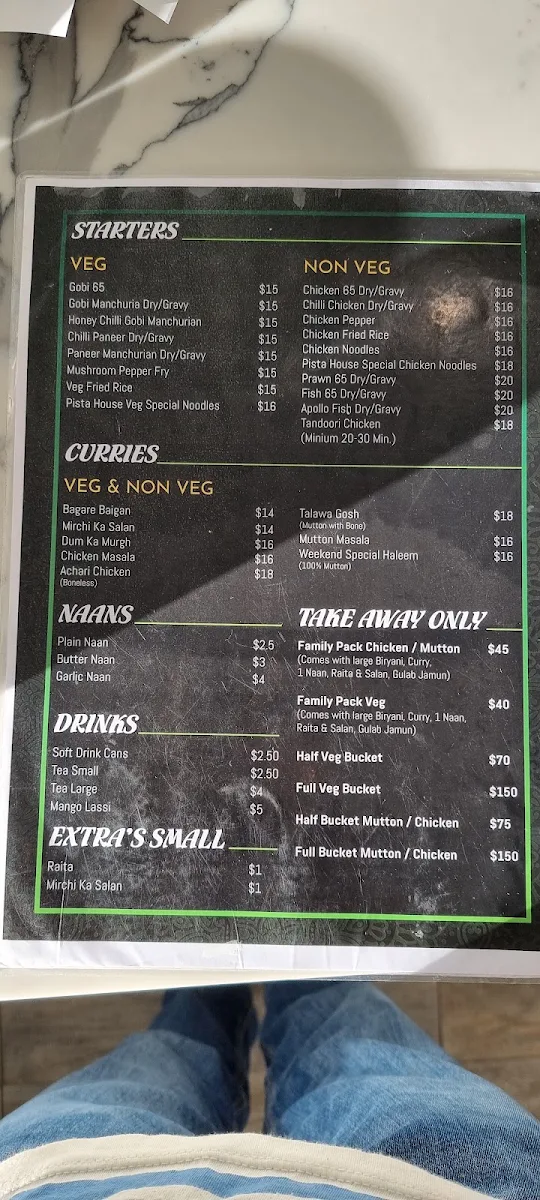 Menu, Pista House Harris Park