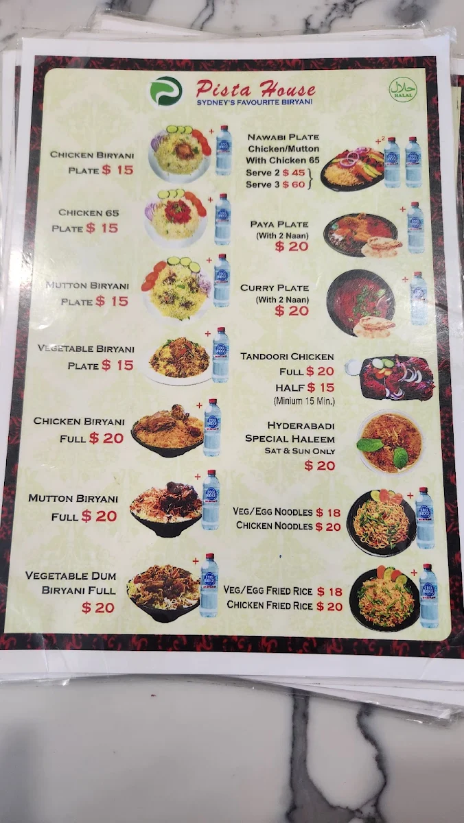 Menu, Pista House Harris Park