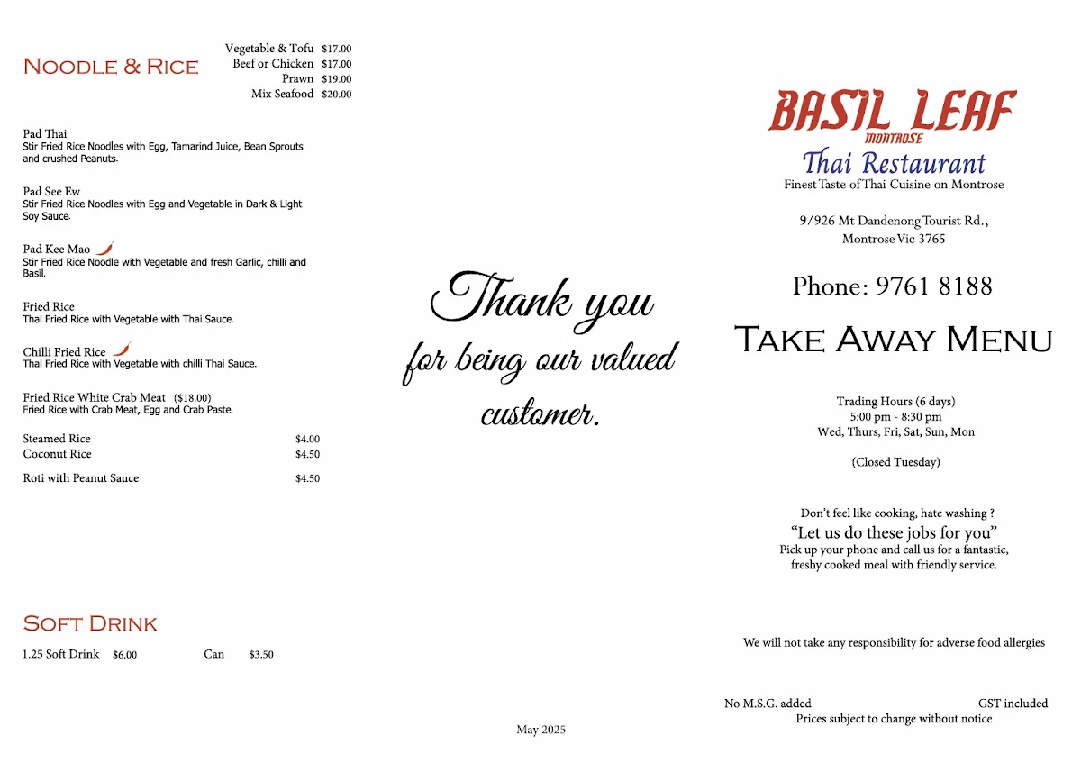 Menu, Basil Leaf Thai Restaurant